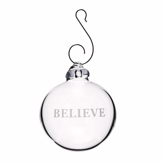 Simon Pearce Engraved "Believe" Round Ornament, Gift Boxed