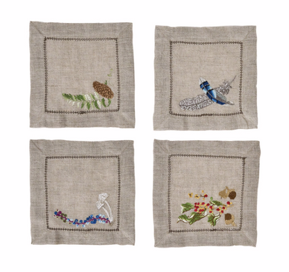 Juliska Forest Walk Embroidered Cocktail Napkins (Assort. Set of 4 )