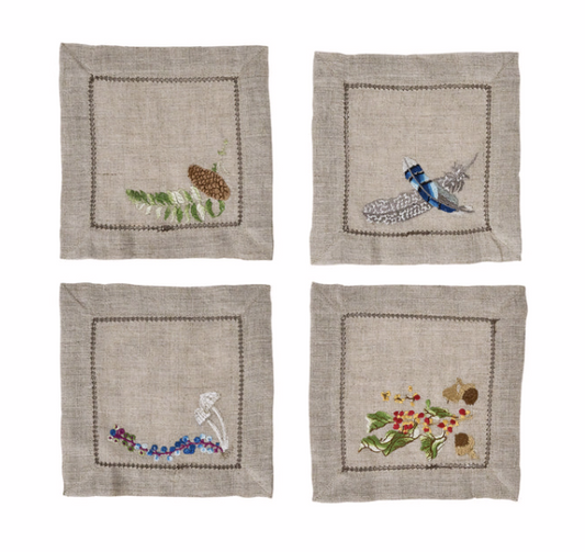 Juliska Forest Walk Embroidered Cocktail Napkins (Assort. Set of 4 )