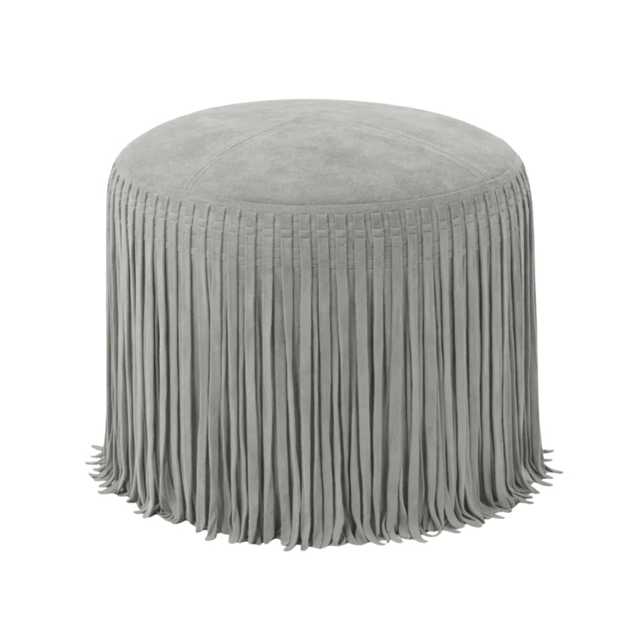 Stone Grey Suede Pouf with Fringe
