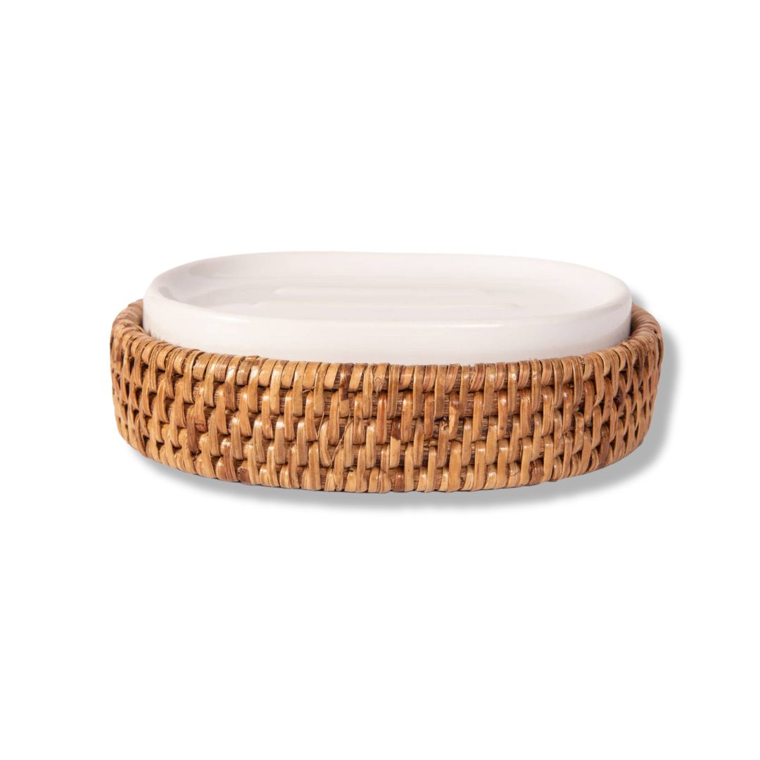 Rattan Oval Soap Dish with Ceramic Insert