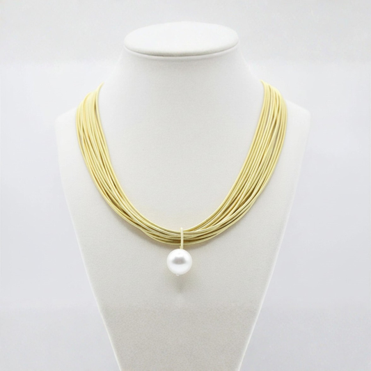 Bright Gold Multi Strand Necklace with White Mop Drop