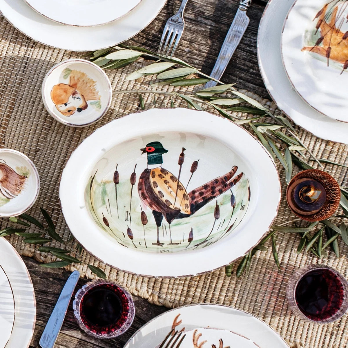 Vietri Wildlife Pheasant Small Rimmed Oval Bowl