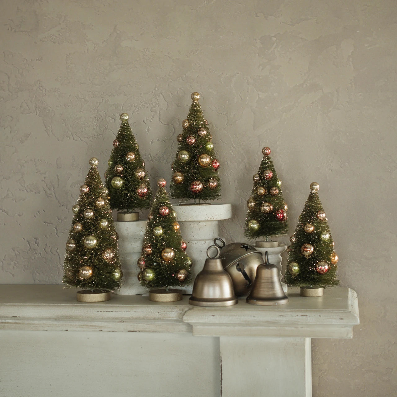 SET/6 Green Bottlebrush Trees with Glittered Bulbs, Set of 6