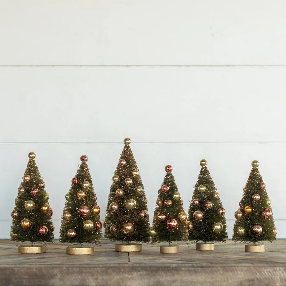 SET/6 Green Bottlebrush Trees with Glittered Bulbs, Set of 6