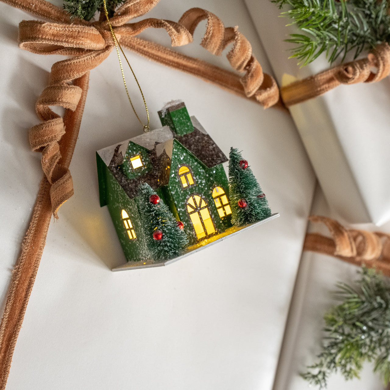 Green Lighted House Ornament