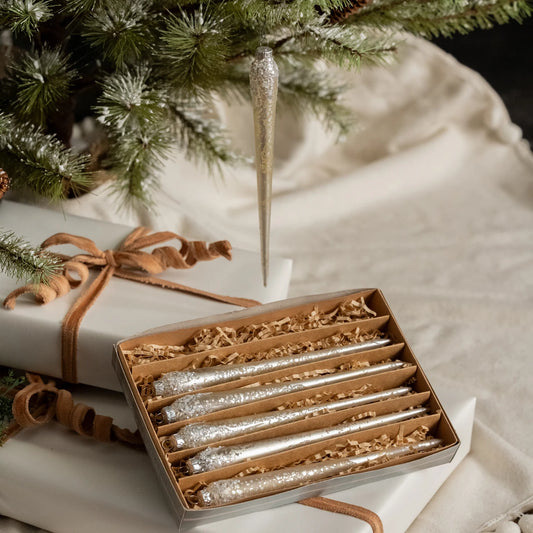 White Glass Icicle Ornaments, Boxed Set of 6