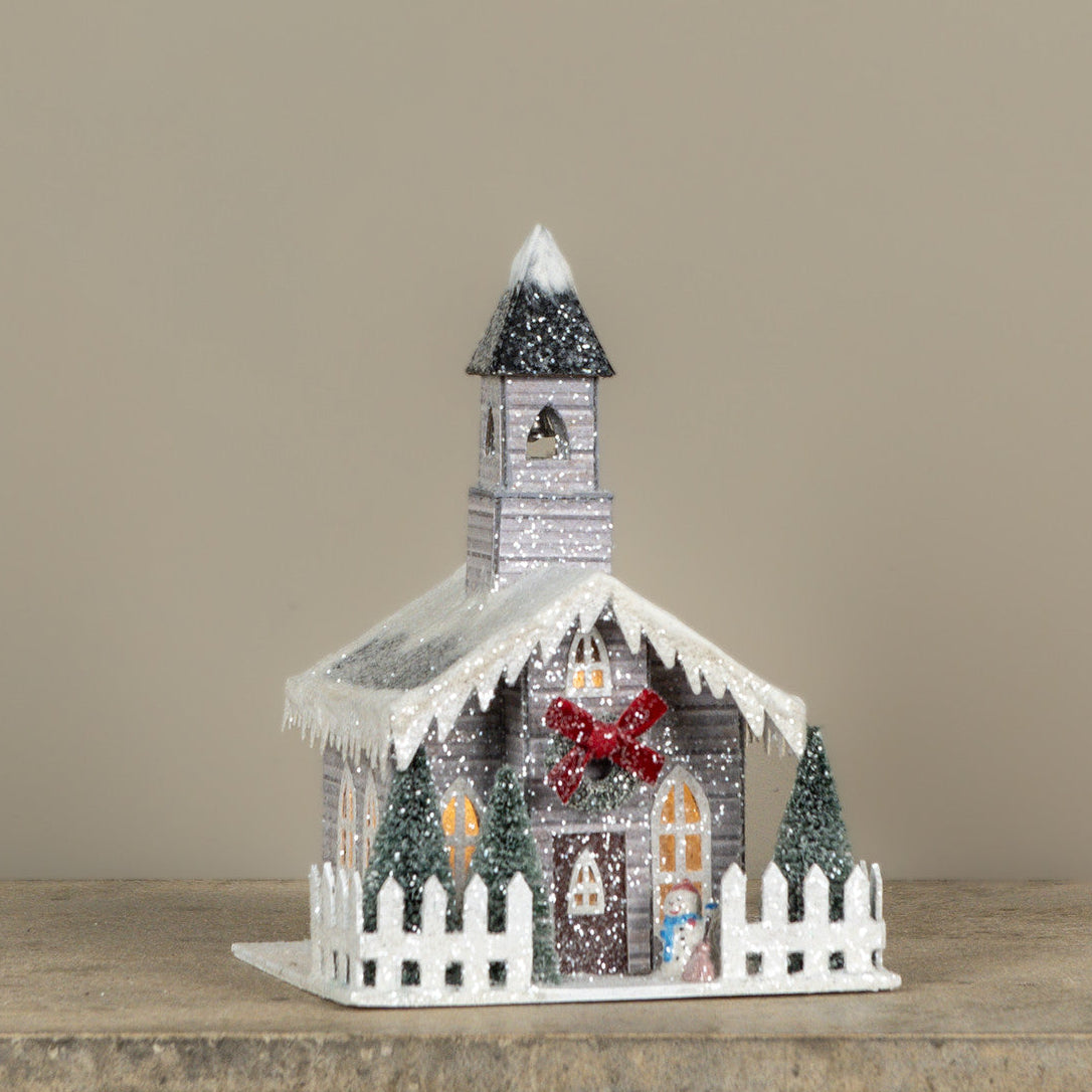 Lighted Grey Church with Red Bows