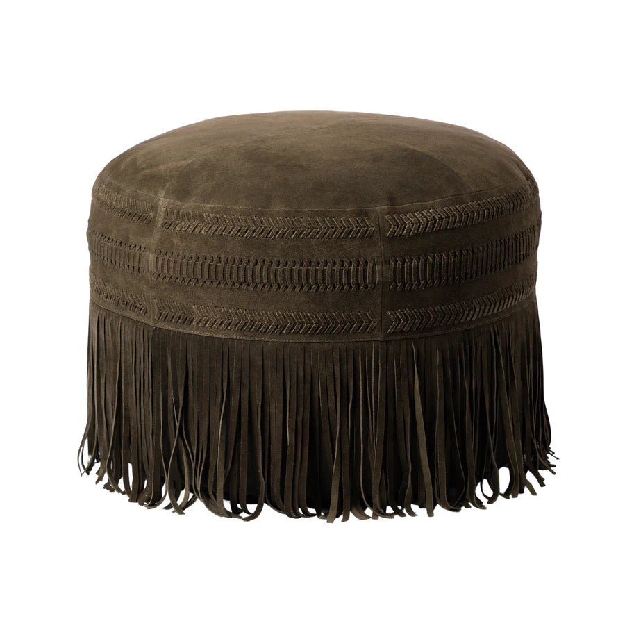 Olive Woven Suede Pouf