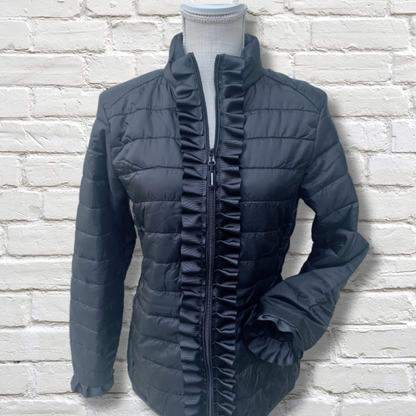 Carrie Ruffled Ribbon Puffer Jacket, Black
