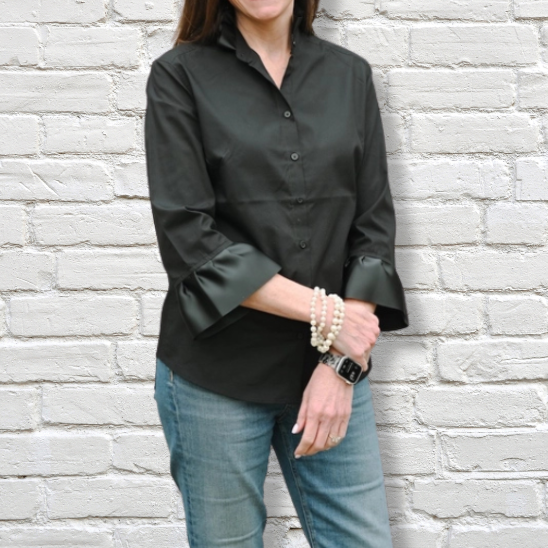 Barbara Ann Poplin Trim Button Up, Black