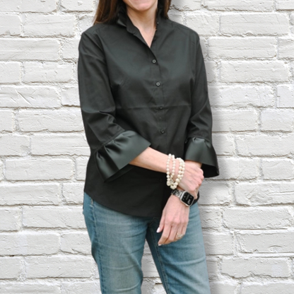 Barbara Ann Poplin Trim Button Up, Black
