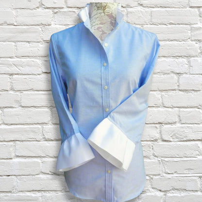 Scarlett Oxford Button Up with Ribbon Trim, Blue & White