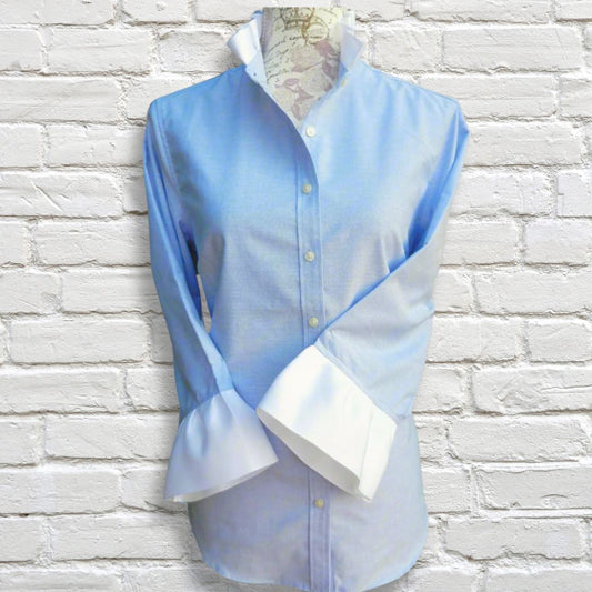 Scarlett Oxford Button Up with Ribbon Trim, Blue & White