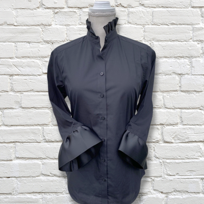 Barbara Ann Poplin Trim Button Up, Black