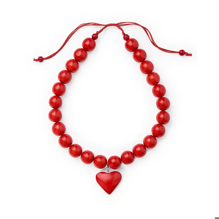 Red Emery Large Adjustable Beaded Heart Resin Necklace
