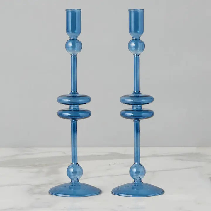 Glass Pair of Sapphire Blue Candlesticks