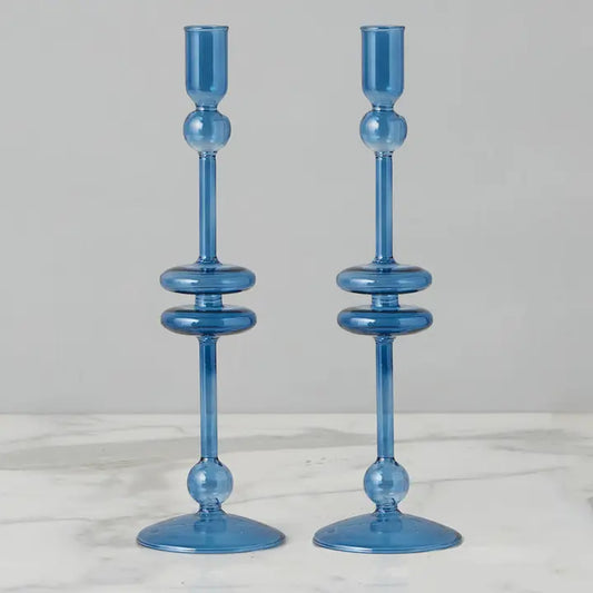 Glass Pair of Sapphire Blue Candlesticks