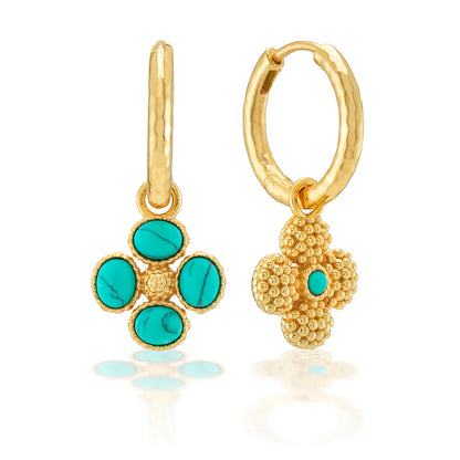 Berry Clover Hoop Earrings with Double Sided Charm in Turqoise, Capucine de Wulf