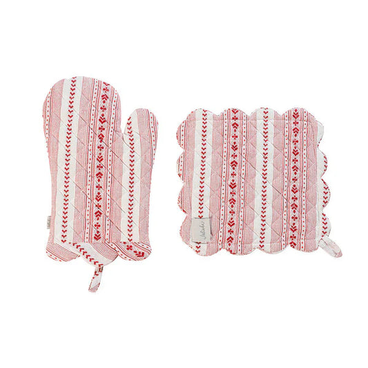 Juliska Villa Stripe Red & White Oven Mitt & Pot Holder