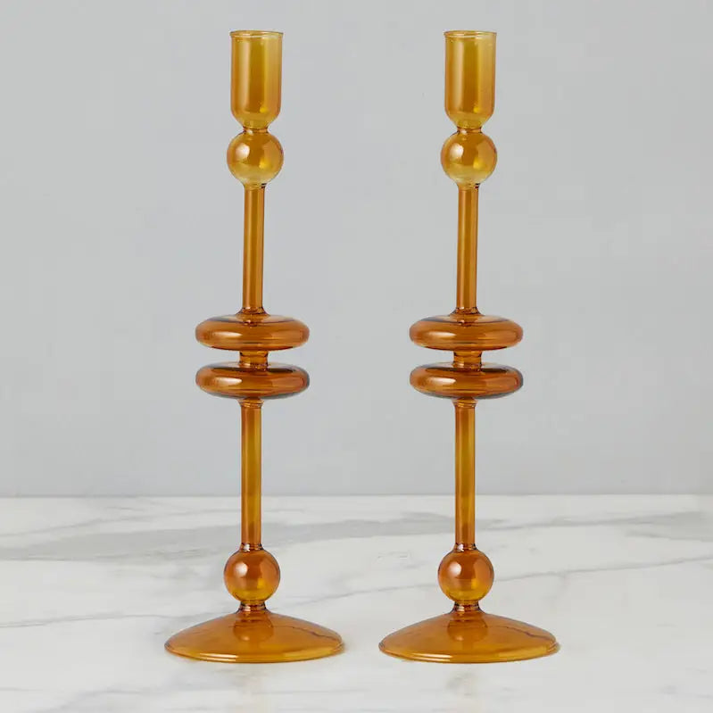 Glass Pair of Amber Candlesticks