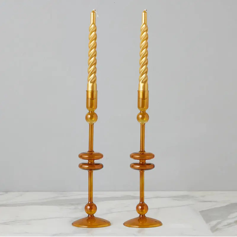 Glass Pair of Amber Candlesticks