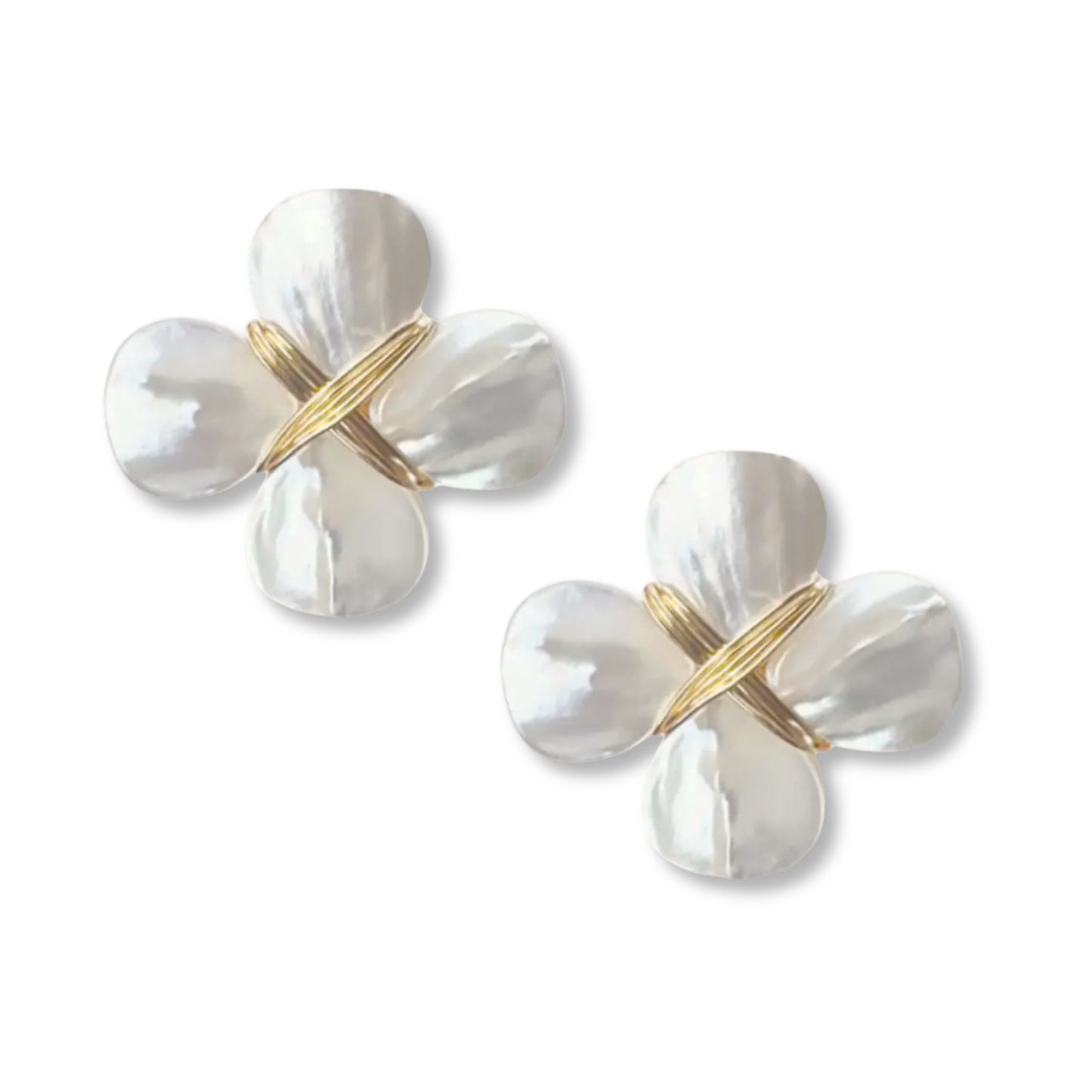 Pair of earrings with white母贝和金色交叉线