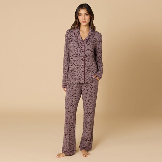 Aria Slim Notch Collar PJ Set, Wild Driftwood with Cherry Cola Trim