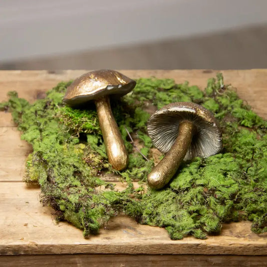 Front view of two decorative brushed gold mushrooms on a bed of green moss against a wooden background