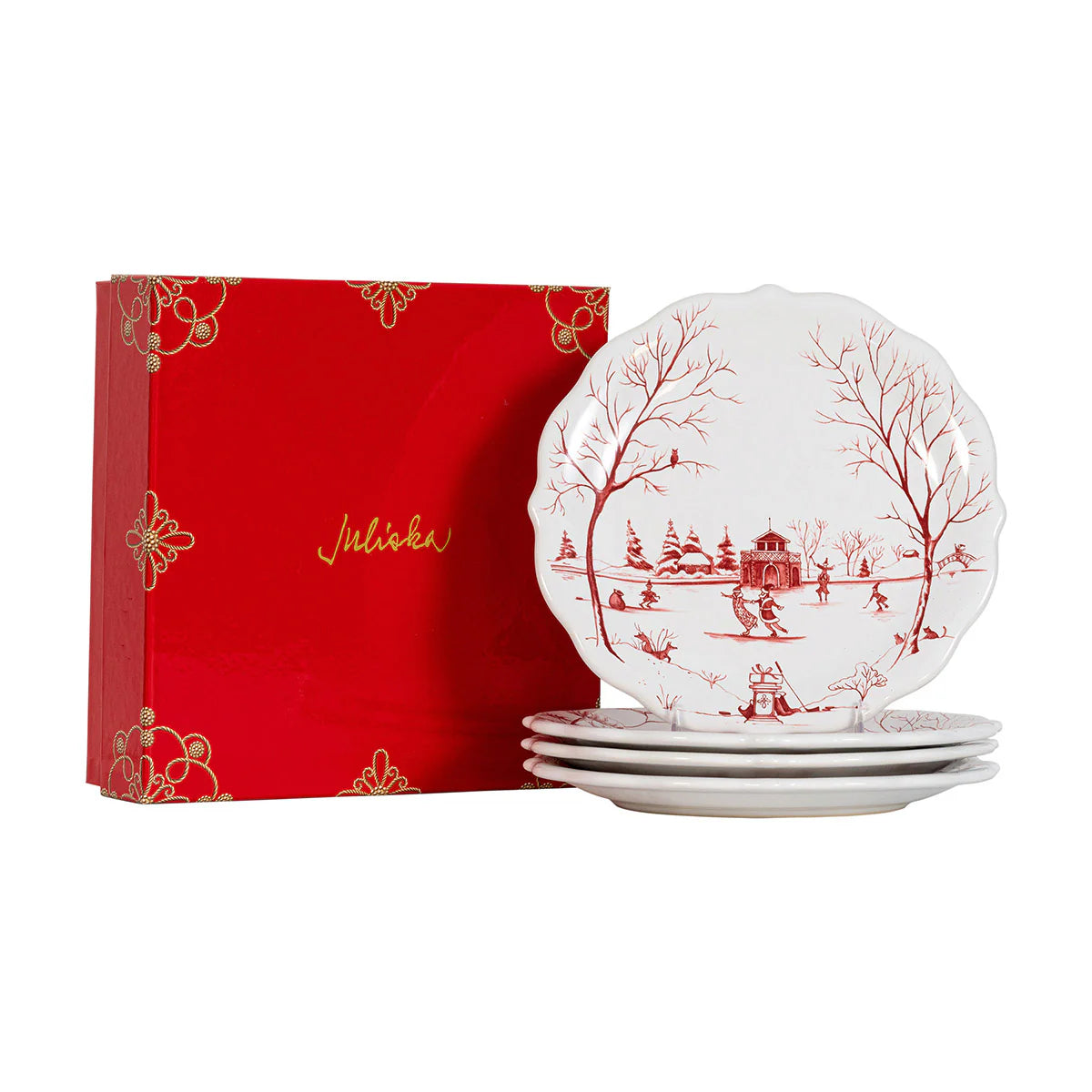 Country Estate Winter Frolic Ruby Mr. & Mrs. Clause Plates, Set of 4 | Juliska