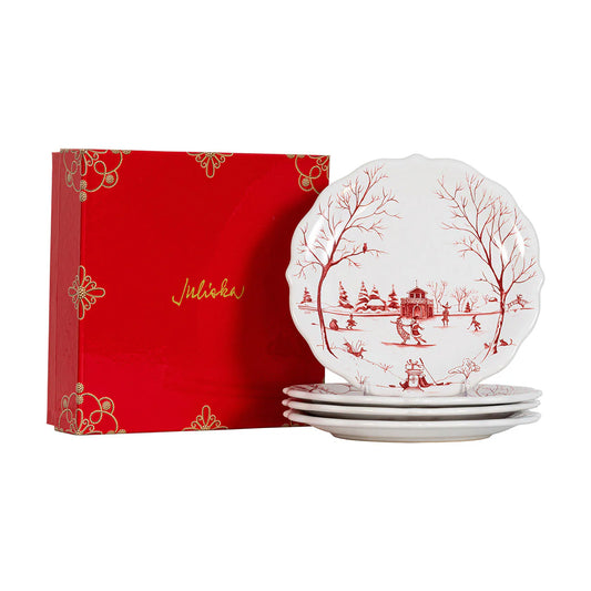 Country Estate Winter Frolic Ruby Mr. & Mrs. Clause Plates, Set of 4 | Juliska