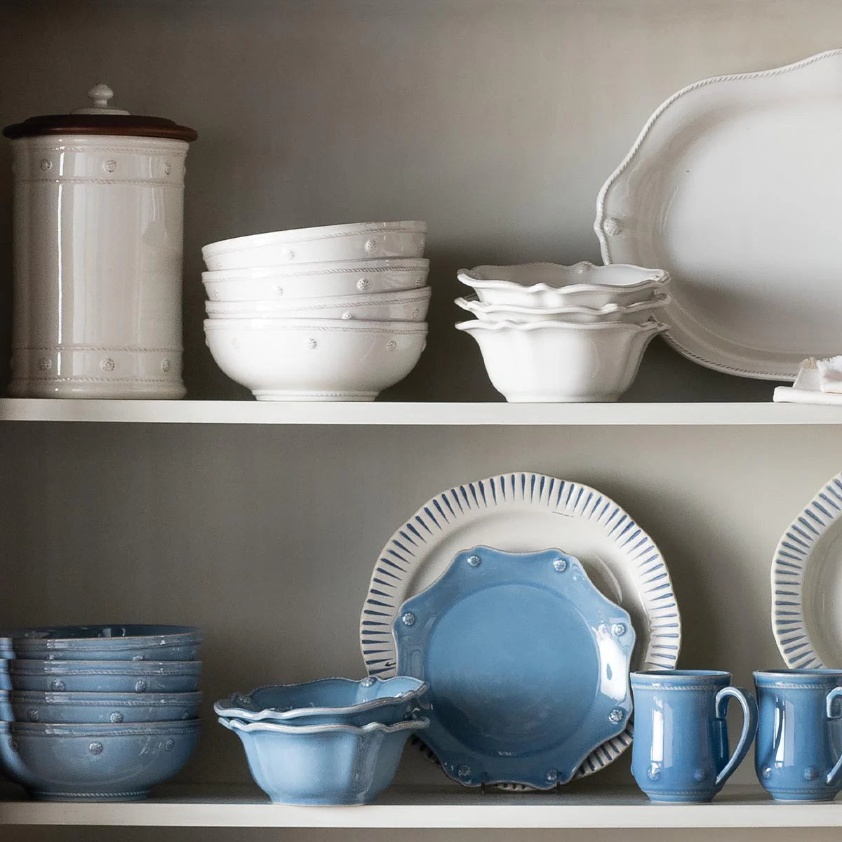 Open shelving of varying patterns of blue and white dishes