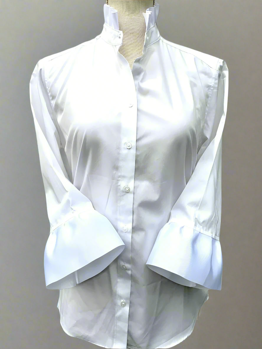 White Barbara Ann Poplin Trim 3/4 Sleeve Button Up
