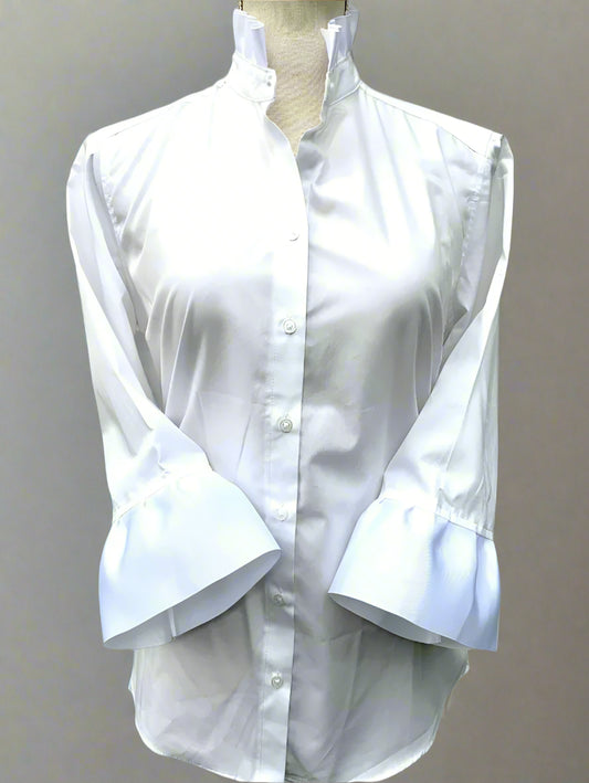 White Barbara Ann Poplin Trim 3/4 Sleeve Button Up