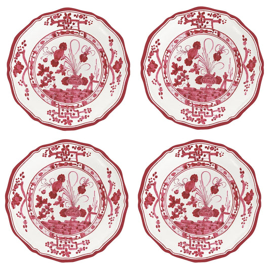 Set of four melamine cocktail plates featuring a red pattern that imitates fine china.