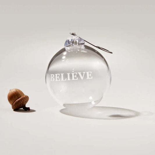Simon Pearce Engraved "Believe" Round Ornament, Gift Boxed