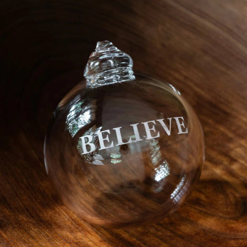 Simon Pearce Engraved "Believe" Round Ornament, Gift Boxed