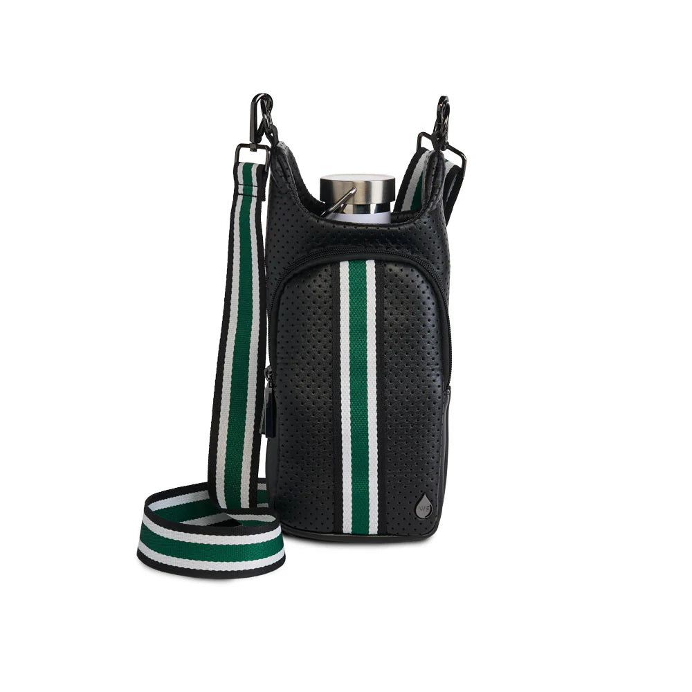 HydroBag in Black Coated Perforated Neoprene with Green + Black + White Stripe Strap