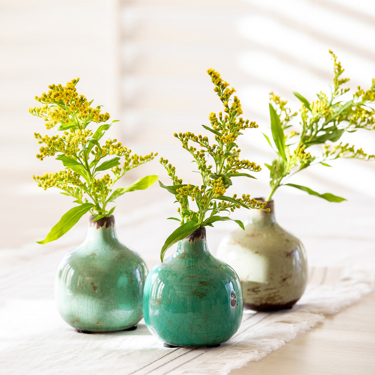 Glazed Stoneware Bud Vases in Blue-Green