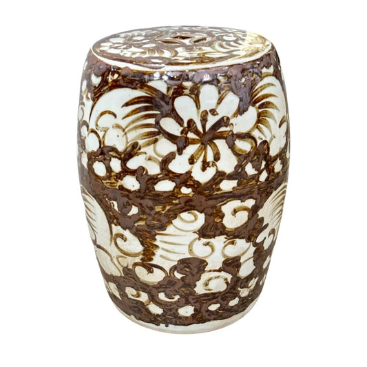 Decorative ceramic stool with intricate brown and white floral patterns.