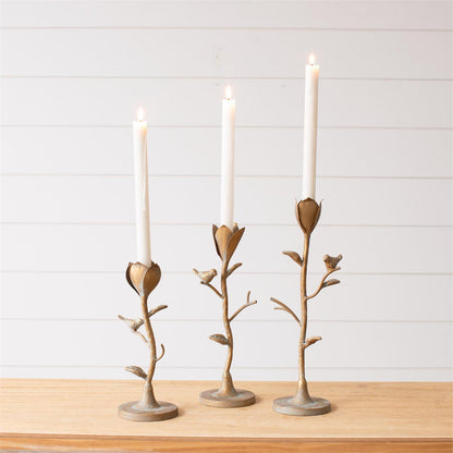 Flower Stem Candle Holders with Birds (Assort. Set of 3)