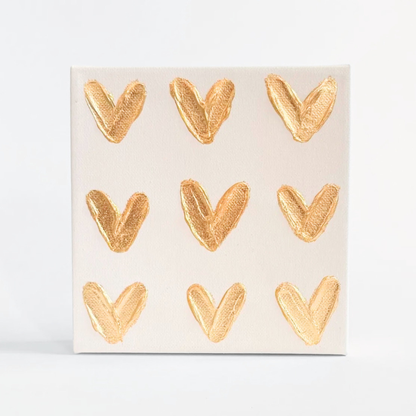 6 x 6 Nine Gold Painted Hearts Canvas