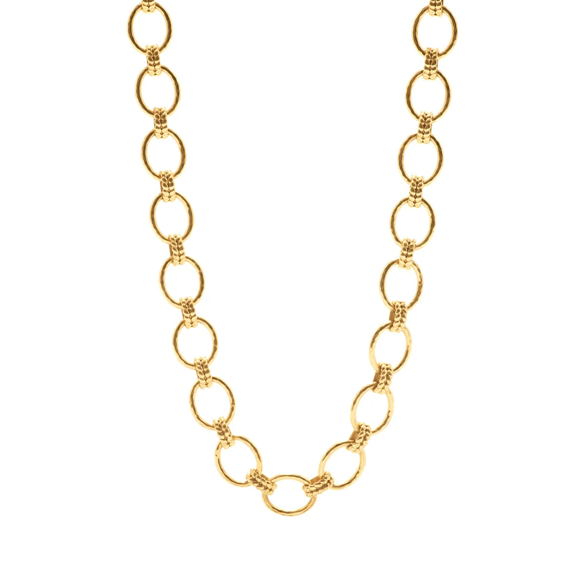 A gold chain necklace featuring alternating large polished oval links on a solid white background.