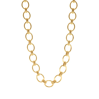 A gold chain necklace featuring alternating large polished oval links on a solid white background.