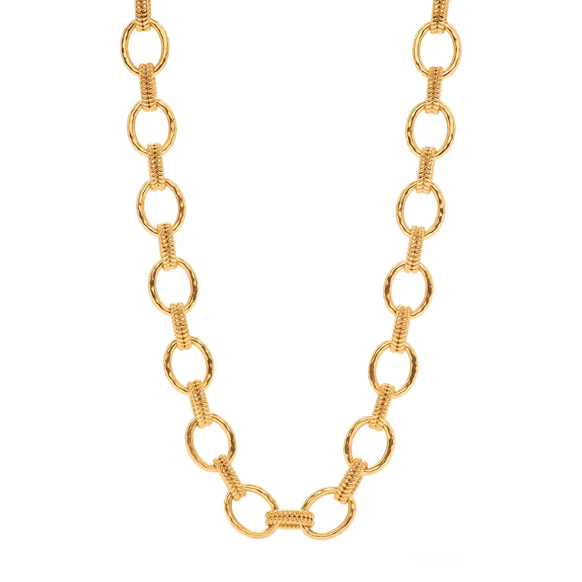 A gold chain necklace featuring smooth oval links and textured rope links on a solid white background.