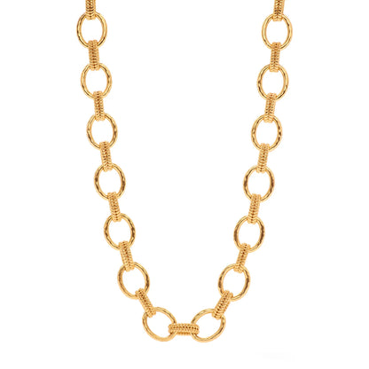 A gold chain necklace featuring smooth oval links and textured rope links on a solid white background.