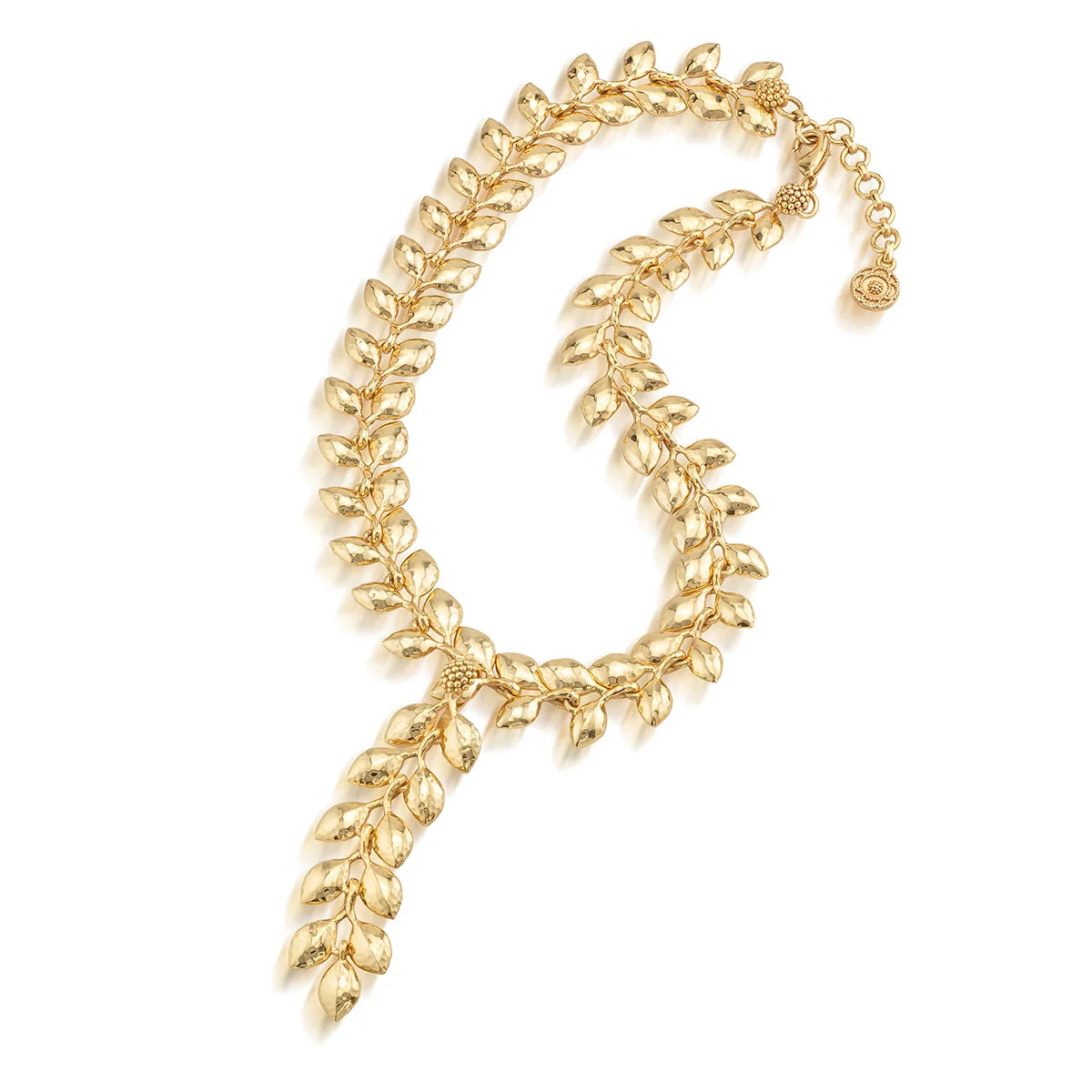 A gold leaf-patterned collar necklace with a textured, polished finish, on a clean white background.