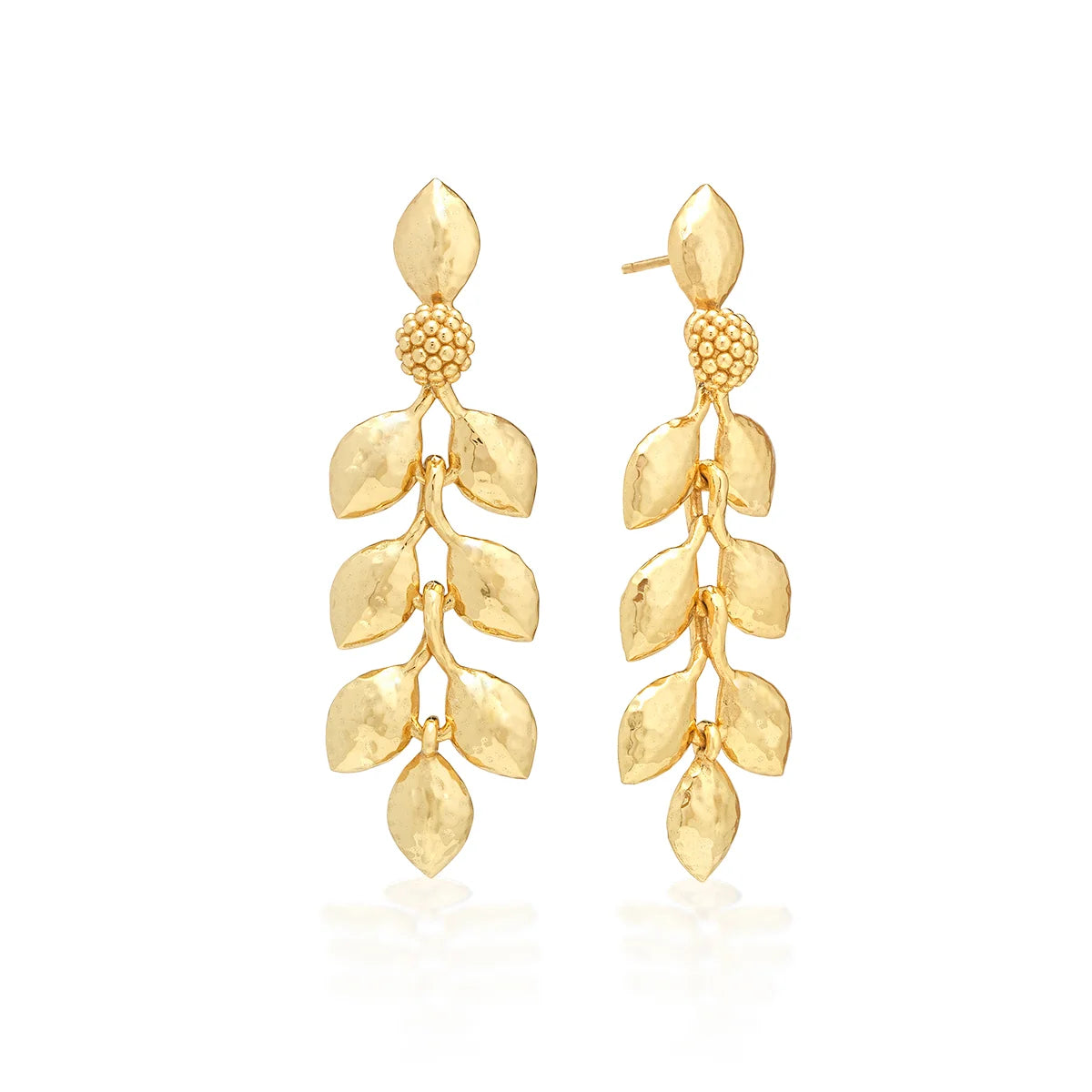 A pair of gold dangle earrings designed as leafy vines, set against a clean white background.