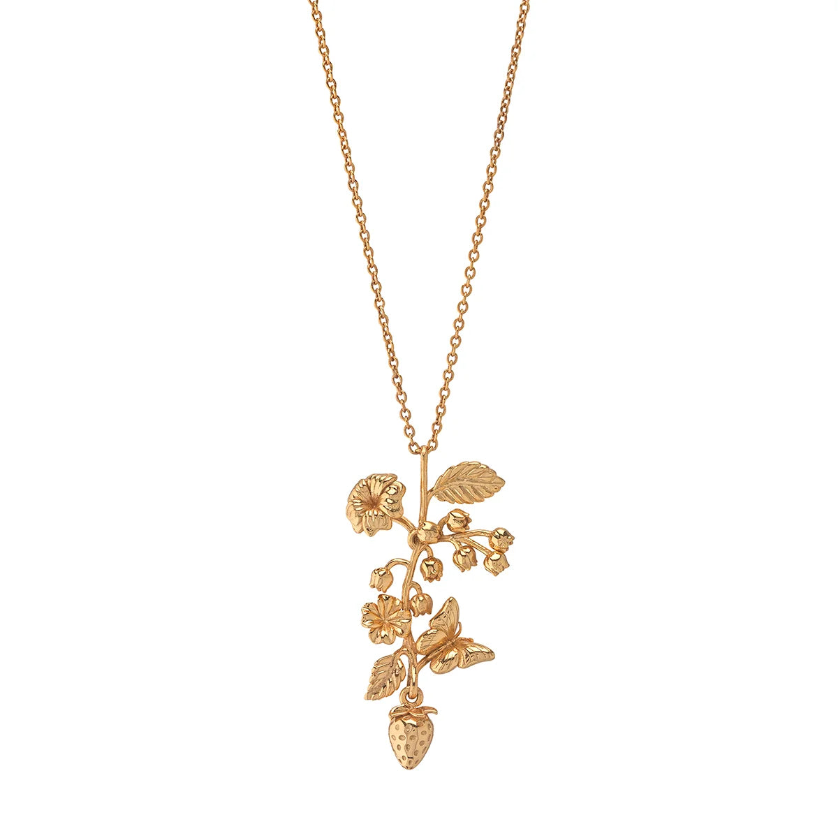 Gold necklace with floral pendant on a white background