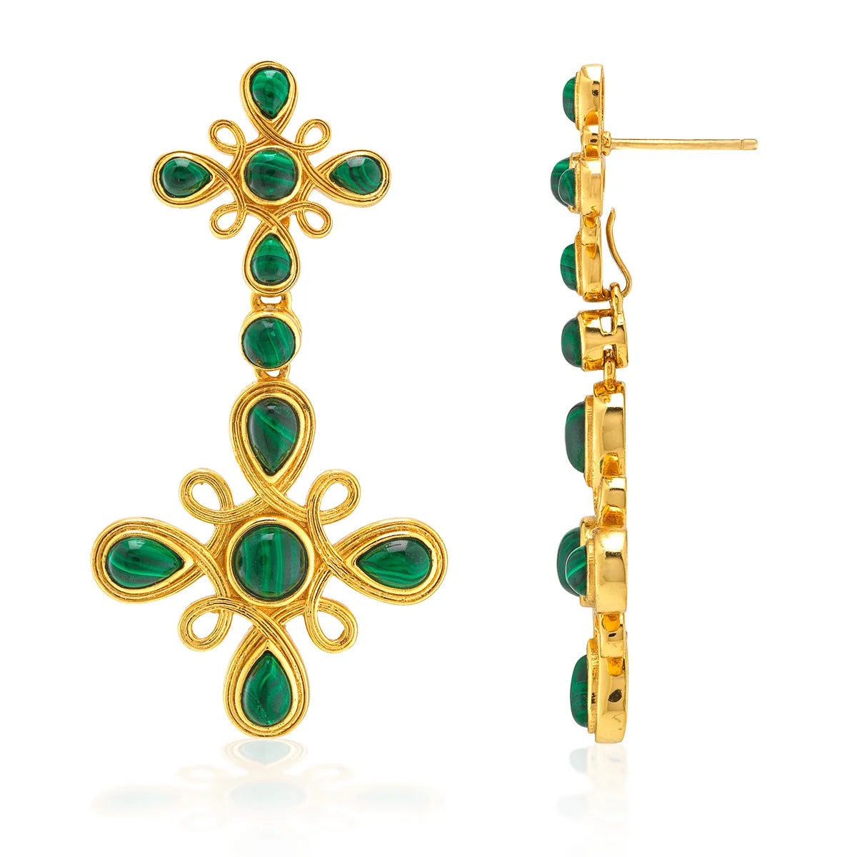 Gold earrings with green gemstones on a white background